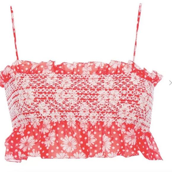 Lisa Marie Fernandez Cropped smocked printed cotton voile top red - Picture 1 of 4
